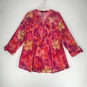 Ava & Grace Woman Tunic Top Sz 1X Sheer Lined 1/4 Button Roll Tab Sleeve Floral